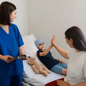 a happy child in hospital bed with nurse and his mother